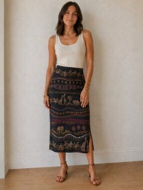 Jones New York Black Safari Print Silk Midi Skirt Size Small